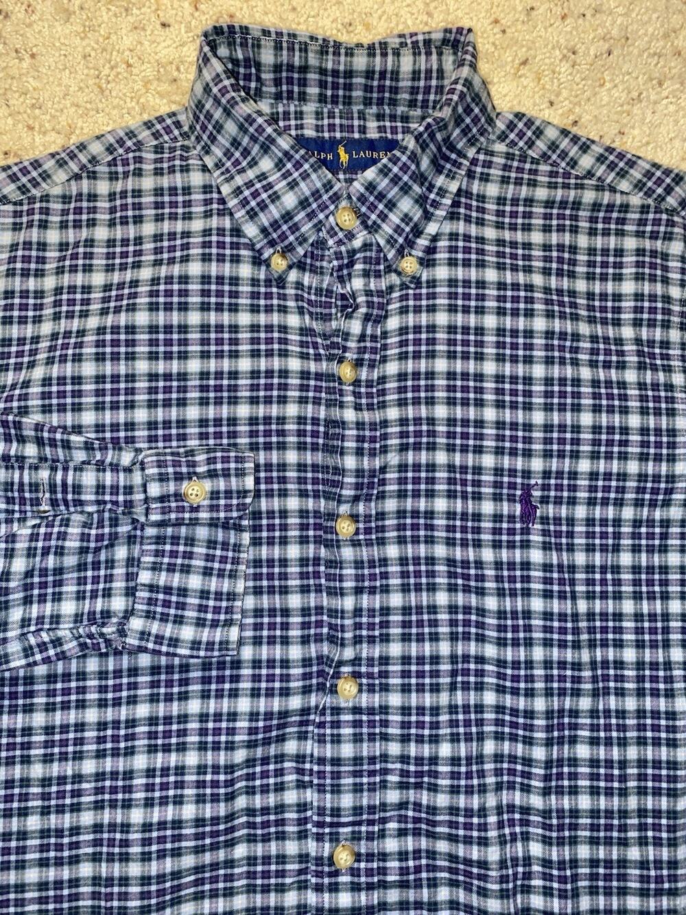 Ralph Lauren Mens Medium Blue White Plaid Cotton Button Down Shirt Pony Logo